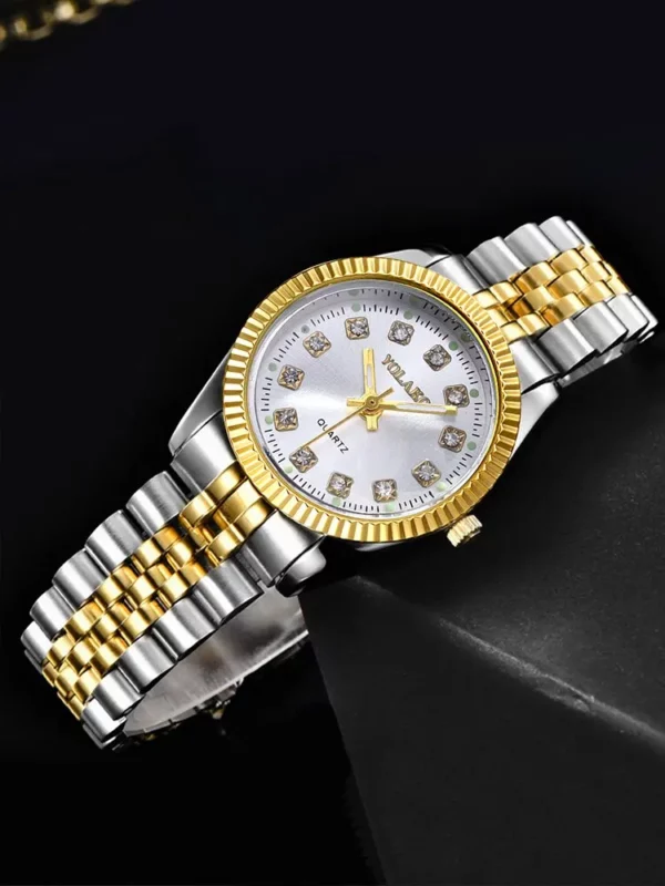 1pcs Women's Fashion Round Room Gold Steel Band Quartz Wristwatch